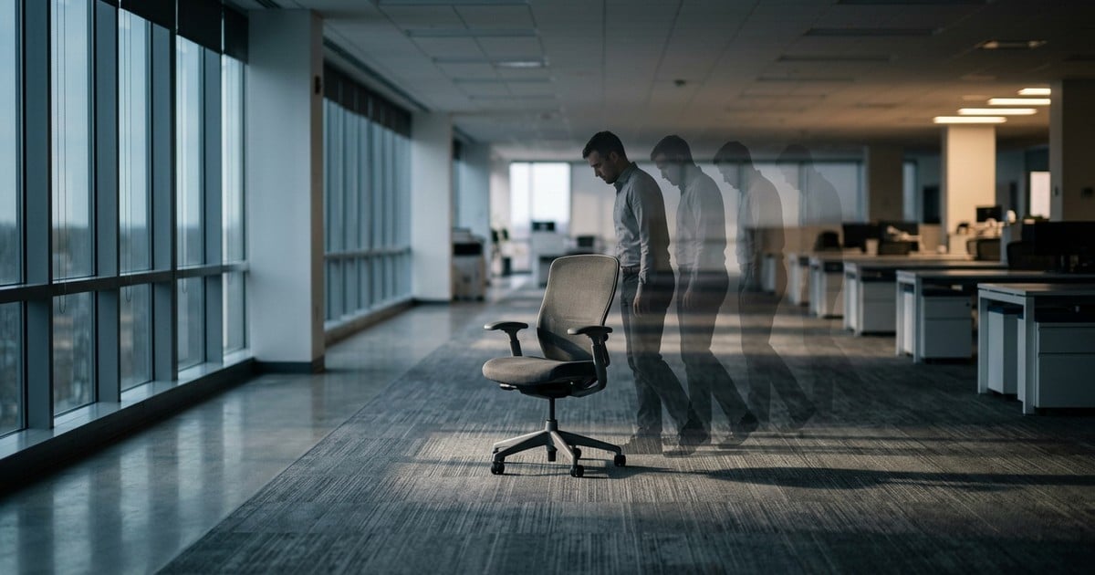 Ein leerer Bürostuhl in einem weiten, verlassenen Großraumbüro — Symbol für die stille Reduktion der Belegschaft durch KI-Produktivität