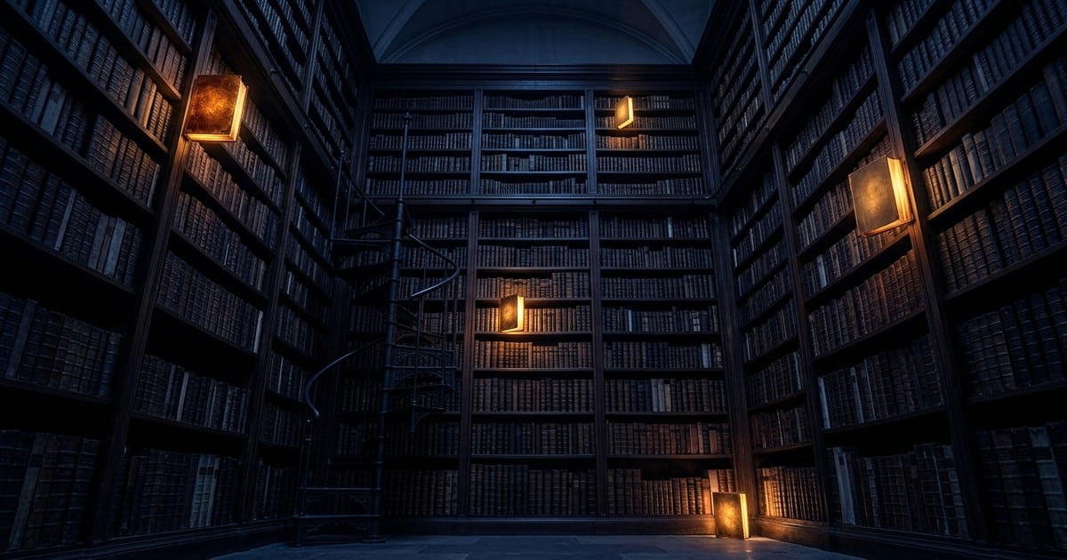 Eine dunkle Bibliothek mit tausenden Büchern — nur fünf einzelne Bücher an verschiedenen Stellen leuchten golden auf, der Rest bleibt im Schatten. Eine visuelle Metapher für Partial Retrieval.